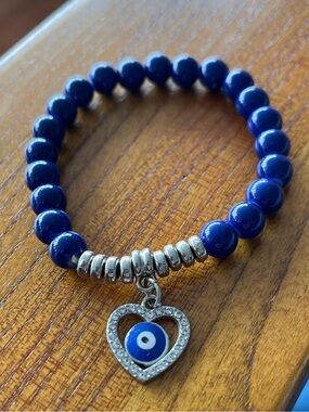 Heart Charm Beaded Bracelet with Blue Evil Eye - Women Jewelry